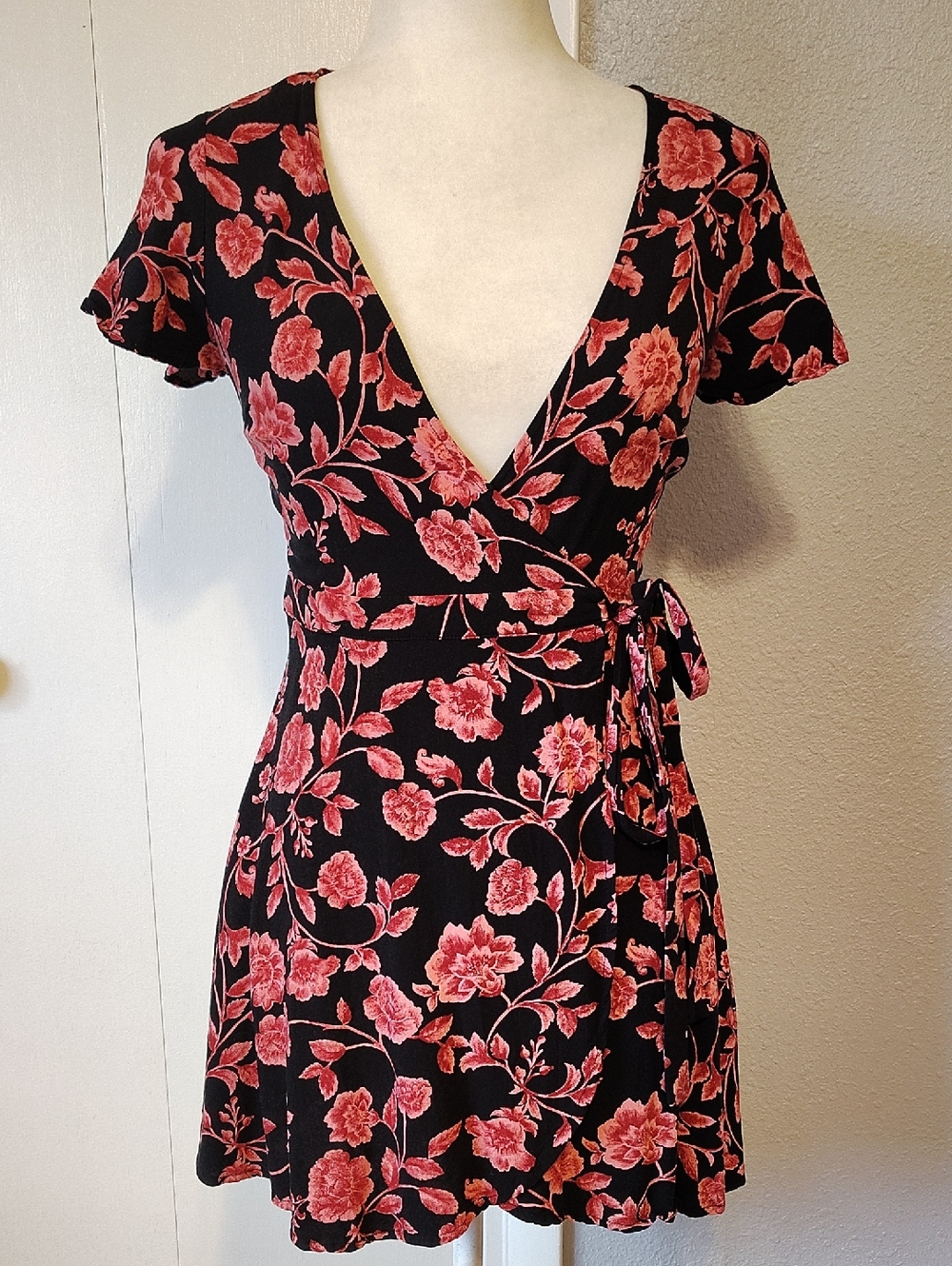 Forever 21 Black Wrap Dress with Pink Floral Print